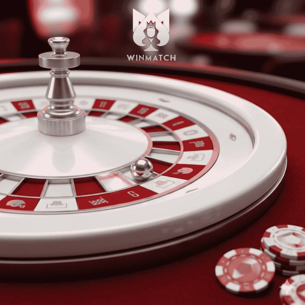 Close-up of a white and red stylized wheel featuring a silver chess king in the center and a silver ball. Red and white tokens sit on the red table in the foreground, with the WINMATCH logo centered at the top.