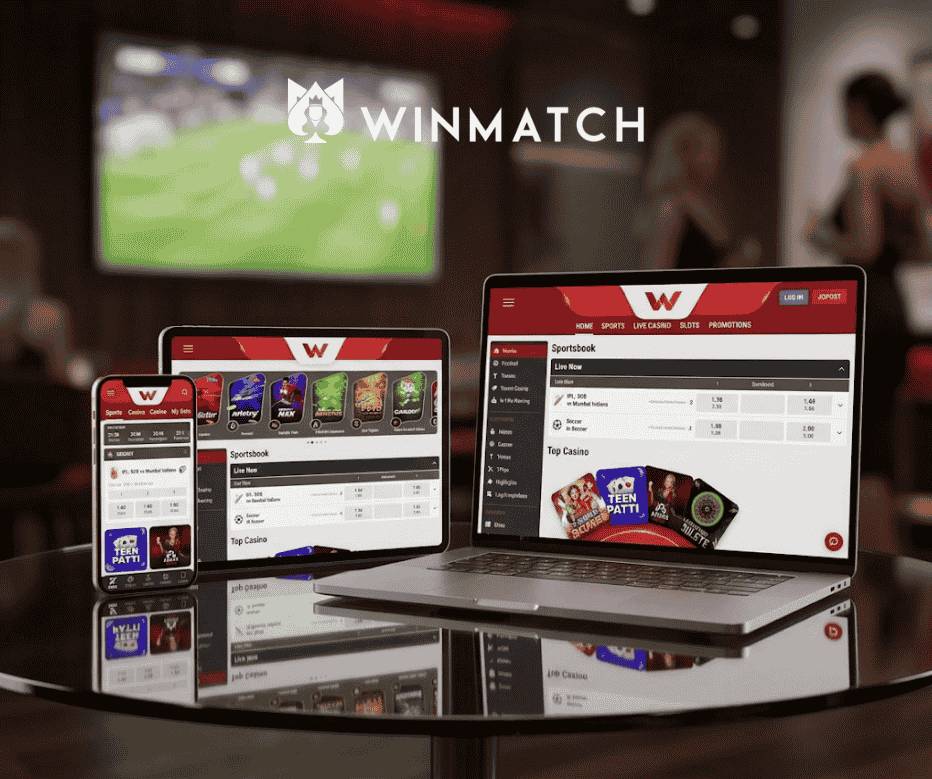 A smartphone, tablet, and laptop displaying the responsive Winmatch interface, illustrating how the app works on all devices