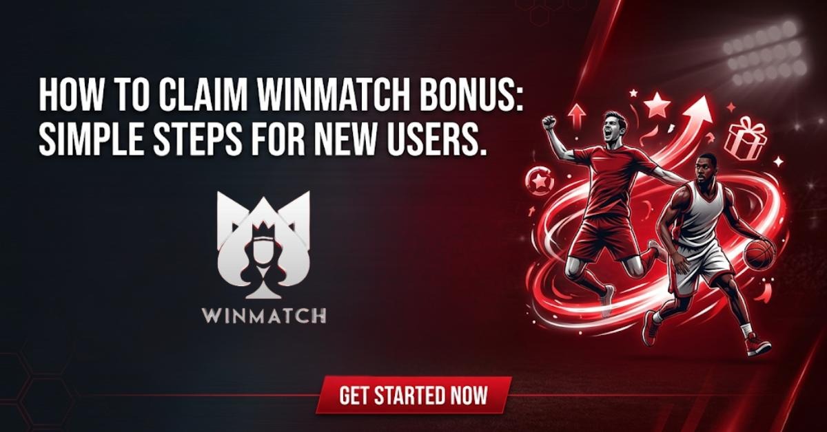 Winmatch bonus claim guide banner featuring two athletes celebrating with red swirling effects, gift box, stars, and upward arrows on a dark background with the Winmatch logo and "Get Started Now" button.
