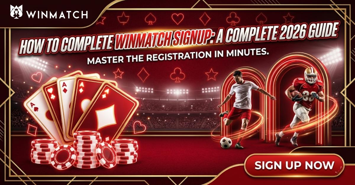 Winmatch signup guide banner featuring playing cards showing four aces, poker chips, and athletes playing soccer and football. Background setting with red and gold decorative elements and card suit symbols.