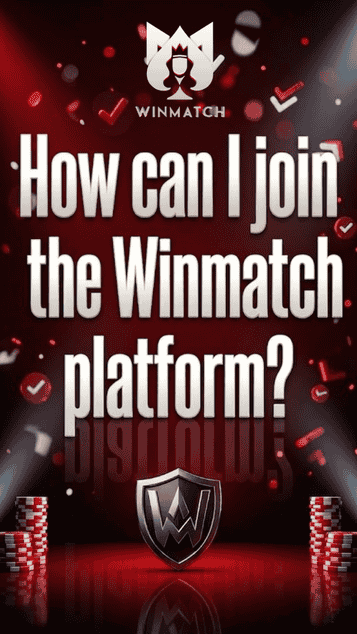 A promotional graphic with a glowing red background. At the top is the Winmatch logo. The large central text reads, "How can I join the Winmatch platform?". At the bottom is a metallic silver shield featuring a 'W', surrounded by floating checkmark icons and red and white stacks.