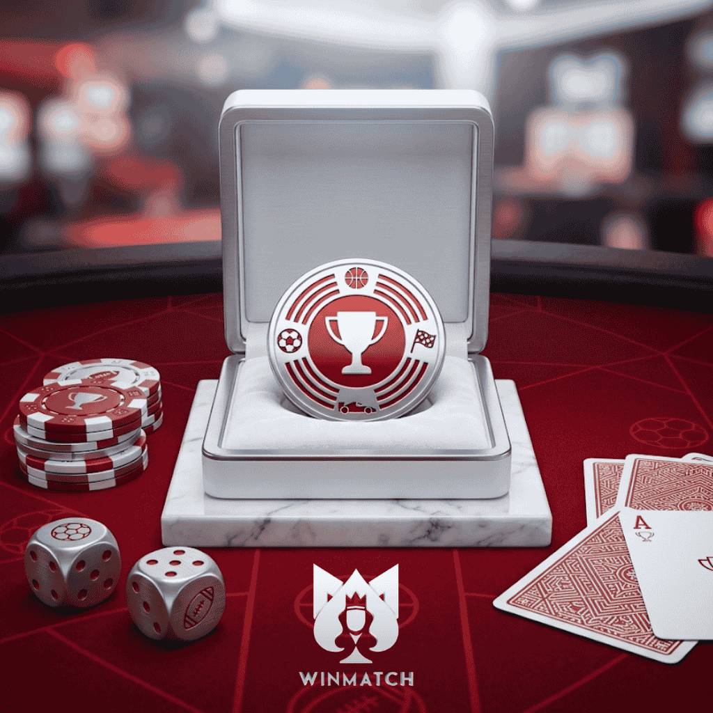 Image featuring A silver commemorative token featuring a trophy icon and sports symbols (basketball, soccer ball, racing car) displayed in an open white jewelry box on a red felt surface, surrounded by stacks of red and white patterned discs, dice with sports icons, and playing cards.