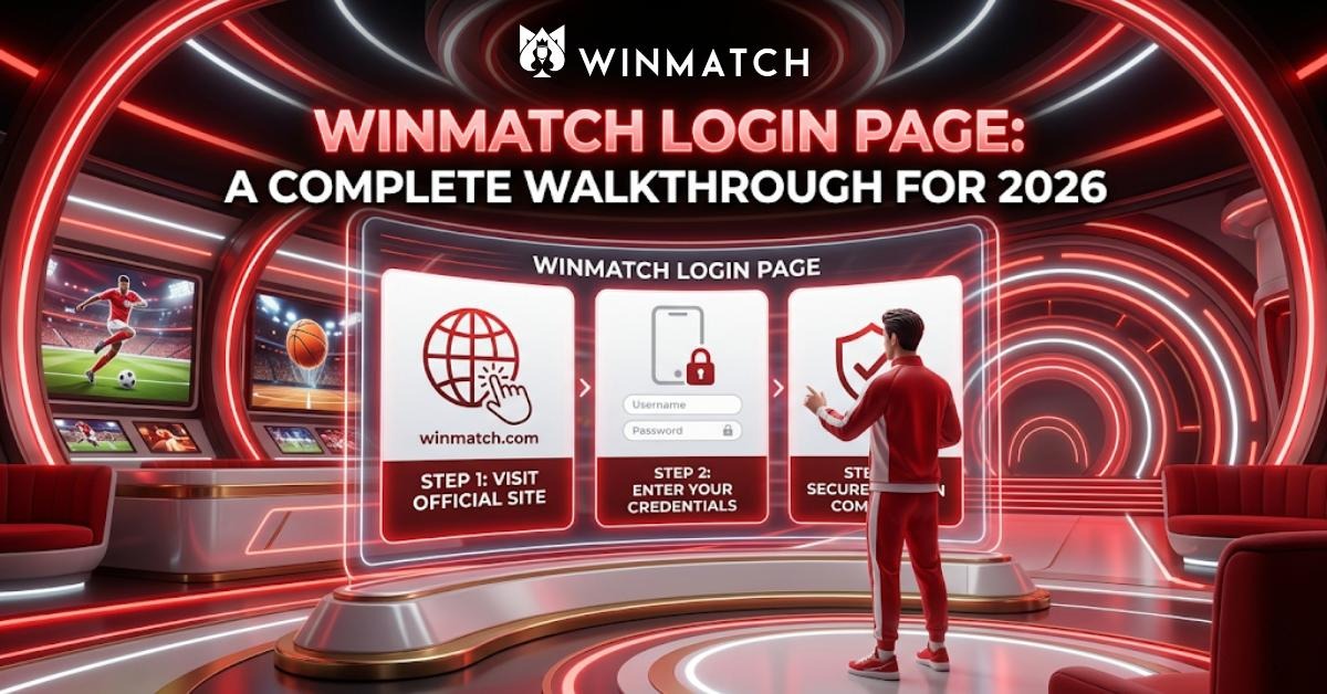 Futuristic Winmatch login walkthrough showing a person viewing three step-by-step panels in a red neon-lit tunnel with sports screens displaying soccer and basketball on the walls.