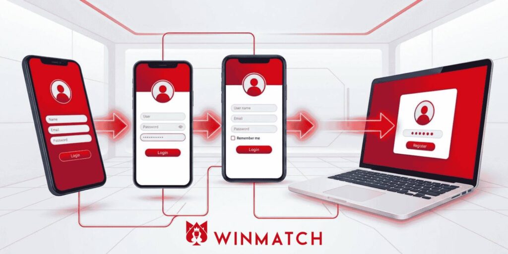 Multi-device Winmatch login flow showing progression from mobile to laptop with connected red arrows, displaying various login screens with user authentication fields and the Winmatch logo.