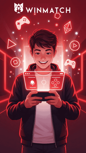 Illustrated character holding a mobile device with a glowing gaming interface overlay. Surrounded by gaming icons including controllers, play buttons, and geometric shapes on a red background with the Winmatch logo.