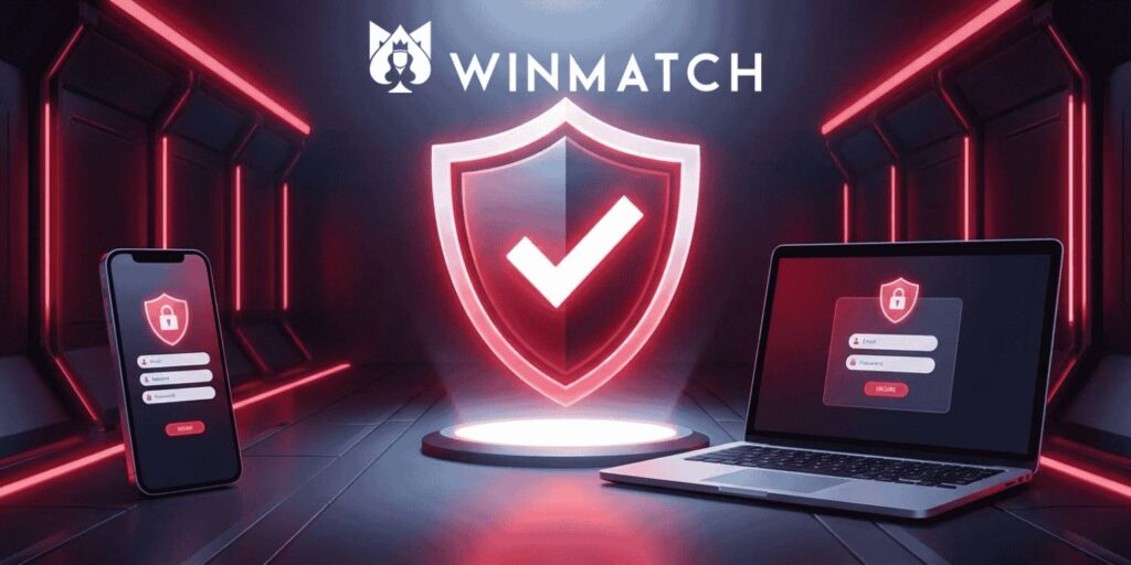 Smartphone and laptop displaying security shield icons with checkmarks in a futuristic environment with red neon lights and the Winmatch logo above.