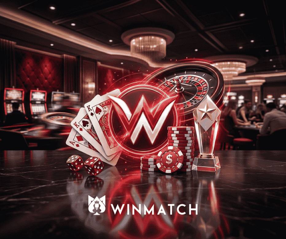Image showing A shiny red 'W' emblem resting on a sleek marble surface, surrounded by a fan of face cards, red dice, stacked chips, a classic spinning wheel, and a star-topped trophy inside a high-end entertainment lounge. The text "WINMATCH" sits at the base.