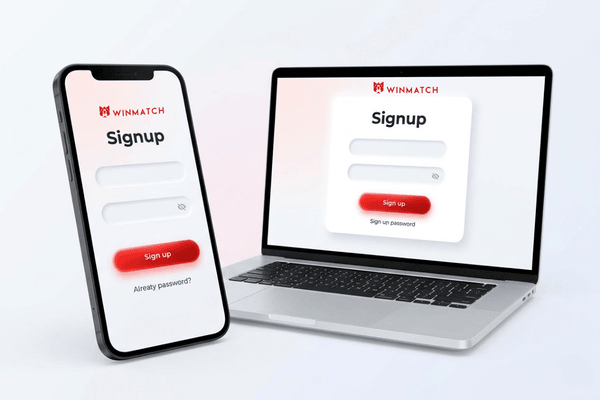 Winmatch signup interface displayed on both smartphone and laptop screens showing registration forms with input fields and red signup buttons on a white background.