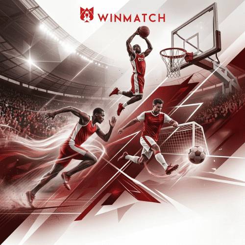 A dynamic Image red and white promotional graphic for Winmatch featuring three athletes in motion: a basketball player mid-dunk, a sprinter accelerating, and a soccer player striking a ball, all layered over a vibrant stadium background.