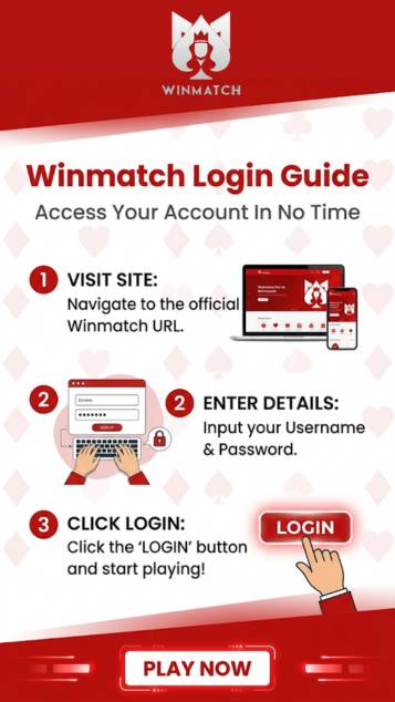 Winmatch Login Guide infographic showing three steps to access account. Visiting the official site, entering username and password, and clicking the login button, with illustrations of devices and a red login button.